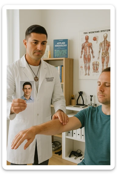 a middle-aged man, dressed in casual professional attire, is in a bright, organized therapy studio. Durante una visita di kinesiologia, il ragazzo tiene con una mano la foto di una persona lontana (il “testimone”) tiene la foto in mano, mentre con l’altra mano esegue un test muscolare su un cliente presente senza foto. Sullo sfondo si vedono libri di kinesiologia, poster anatomici e strumenti tipici della disciplina. L’atmosfera è concentrata e serena, con luce naturale che entra dalla finestra, sottolineando l’aspetto alternativo e umano della pratica. sticker