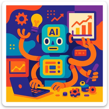 artificial intelligence, multitasking robot with many arms, performing various productive tasks like typing, analyzing data, and assembling gadgets, vibrant digital style sticker
