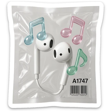 pair of white EarPods with three floating glass music notes in pastel blue, pink, and mint, glossy and inflated sticker