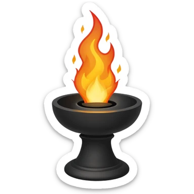 A minimalist stone pedestal with a tall rectangular base and a shallow black bowl on top, designed as a modern torch or brazier. Bright flames rise from the bowl sticker