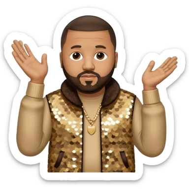 DJ Khaled with dark brown hair, beige sequin outfit sticker