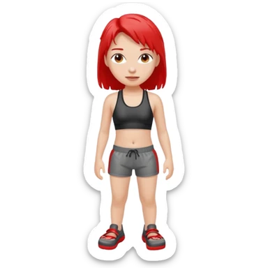 girl with wet hair and black sports bra and grey shorts is wearing red crocs  sticker