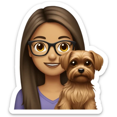 Hispanic, straight long Brown hair, girl with glasses holding tan yorkie dog sticker