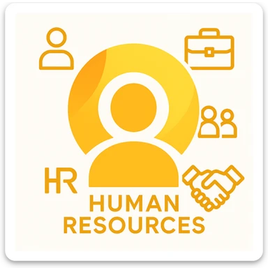 Create a minimalistic, abstract logo design with a dominant orange-yellow color palette. Place the Volio logo from the reference image at the center as the main visual element. Integrate modern, symbolic icons representing Human Resources, such as a person, a group of people, a handshake, or a briefcase, in a clean and balanced layout. The design should be futuristic, tech-style, and high contrast against a white background. Keep the overall composition simple, professional, and visually striking. sticker