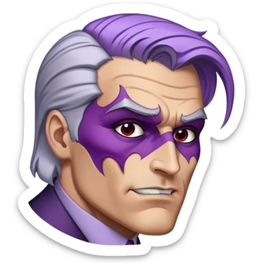 two-face, harvey dent, batman villian, right side of face purple, grey hair sticker