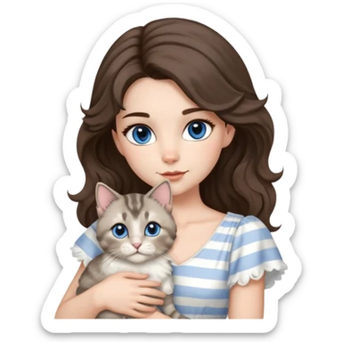 A brown-eyed brunette with wavy styled hair and light eyelash makeup wears a soft white dress and holds a gray tabby cat—a mix of straight-eared Scottish and Siamese, with blue eyes, white fur around the mouth, nose, and belly, and light gray fur with darker stripes. sticker