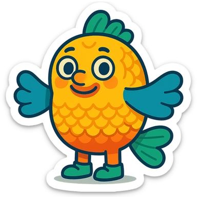whimsical cute animal with fins for hands, fish scales, tiny shoes, bright colorful cartoon style, detailed sticker