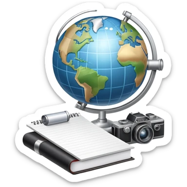 An icon showing a microphone, a notepad, and a camera, symbolizing journalism. The design includes a globe in the background, representing global news, and a breaking news banner for emphasis. Transparent background highlights the dynamic world of media and reporting. sticker