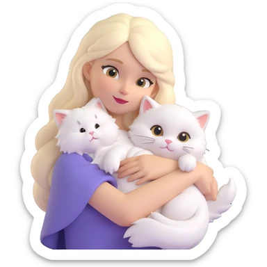 girl with long blonde hair, white fluffy cat draped over her left shoulder, emoji style for chat platforms sticker