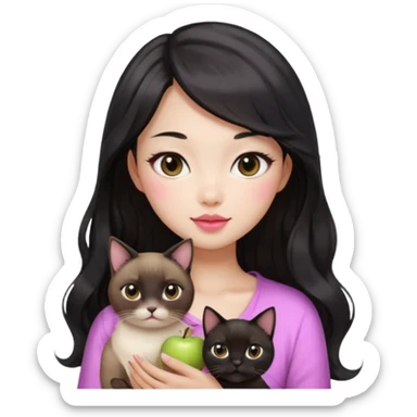 Asian woman with fair skin holding a Siamese cat, black see-through bang front hair, long wavy hair, round brown eyes, light pink blush, pink lips, warm expression, Apple emoji style sticker