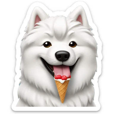 Samoyed dog eating vanilla strawberry ice cream flavored wearing black leather jacket  sticker