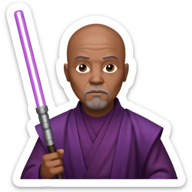 star wars master windu bald head, no facial hair, brown jedi outfit with purple lightsaber sticker