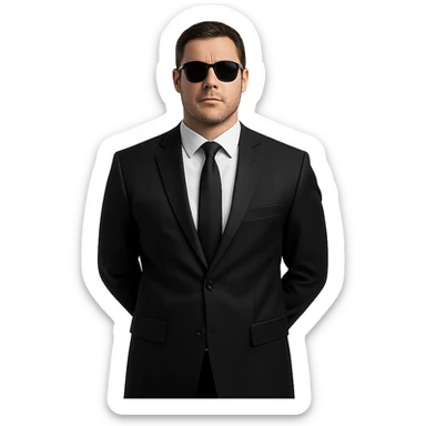 bodyguard standing with hands behind back, wearing black suit and sunglasses, serious face sticker