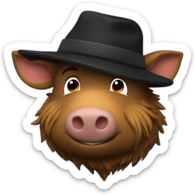 fullface wild tired brown boar with stubble in a black jacket and a black winter hat sticker