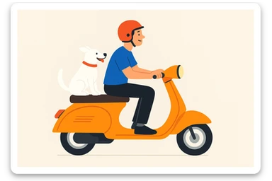 vector art of a man and his pet dog riding a vespa, for website design  sticker