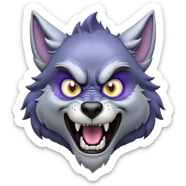 Cinematic Comical Werewolf Portrait Emoji, with a whimsically exaggerated lupine face in vivid moonlit grays and silvers, head cocked in a dramatically shocked expression with comically oversized, wide eyes and a playful snarl, simplified yet hilariously expressive, highly detailed with a soft cartoonish glowing outline capturing the mischievous humor of a werewolf mid-transformation! sticker