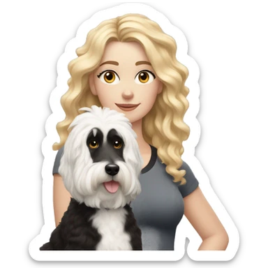 white woman with long blonde hair and cat shaped eyes wearing a yoga outfit standing alongside a black and white colored bernadoodle dog sticker