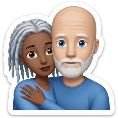Tall bald white man with a white beard and blue eyes in a lovingly embrace with a black woman with brown eyes and grey hair dreads sticker