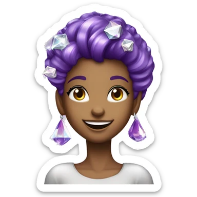 one girl with purple diamond hair made from purple crystals or diamonds or jewels, she is feeling happy and elated and excited, make her hair shiny with prisms and angles and edges, now make her hair crystallized sticker