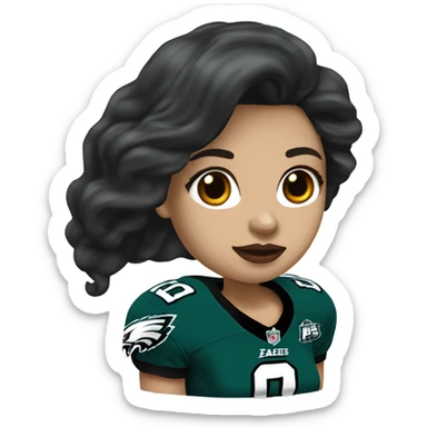 White female long dark hair red lips wearing Philadelphia Eagles jersey sticker