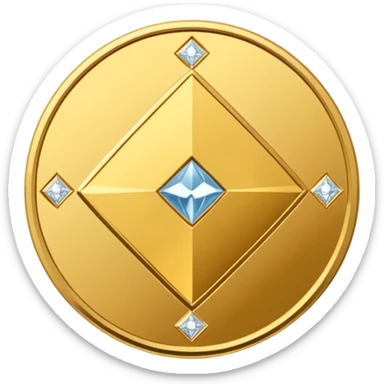 Create a high-quality 3D render of a shiny yellow/gold coin. In the center of the coin, place a diamond-shaped logo (“wajik”). Around the logo, engrave the text “Rusoconnect Network” in a circular layout. sticker
