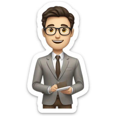 Pale skinned fit man with dark brown hair in gray jacket, beige office shirt, brown tie, brown pants and vintage glasses Writing text on the flipchart sticker