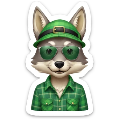 head and shoulders friendly anthropomorphised wolf in green plaid shirt and green attire for St. Patrick's Day, wearing dark sunglasses, upright pose sticker