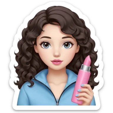 A girl with soft loose wavy curls (not tight), dark brown hair with natural volume, round-almond Douyin-style eyes with long curled lashes, cool-tone neutral makeup. She’s wearing a light-blue athletic outfit and holding a normal-size pink lipstick in one hand.. sticker