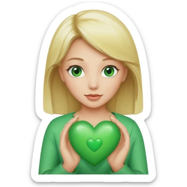 Create a blonde less angelic women with green eyes holding a green hearth sticker