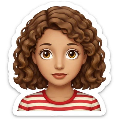woman, 40s, chin-length wavy/curly brown-ish, few white stripes hair, hazel eyes sticker
