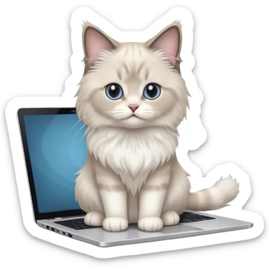 Cute ragdoll cat on a laptop. Should sit on top of the laptop, cat is way bigger than the laptop. Could walk on the laptop or sit. I liked the first one but remove the blue on the cat, Please make the brown parts light grey sticker
