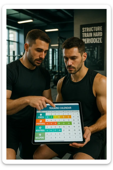 realistic cinematic photo a personal trainer and a client stand in a modern gym, reviewing a large, color-coded training calendar or chart on a tablet. The calendar shows different phases (Forza, Ipertrofia, Resistenza, Recupero) with icons and dates. Around them, gym equipment and motivational posters reinforce the idea of structured, periodized training. in italiano sticker