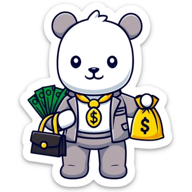cool hustler bearbrick with money bag, luxury clothes, and bling jewelry sticker