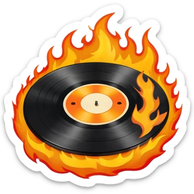 a black vinyl record on fire with a white center sticker sticker