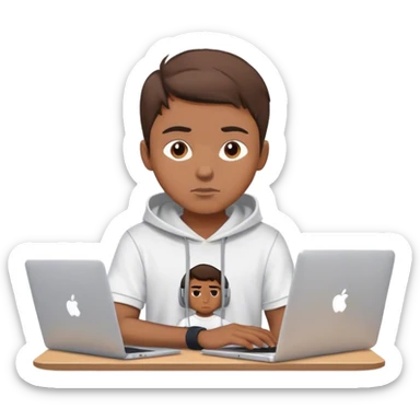 Emoji: A young man with short brown hair, working on a MacBook. He has a confident and concentrated look, wearing a stylish t-shirt or hoodie. The vibe is modern and professional, with a clean, minimalistic background sticker