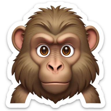 Cinematic Noble Baboon Portrait Emoji, Poised and regal, with a robust, muscular build and a richly textured Fur of earthy browns, deep-set soulful eyes with a mischievous glint, Simplified yet sharp and sophisticated features, highly detailed, glowing with a warm, dignified glow, high shine, intelligent and bold, stylized with an air of untamed urban majesty, focused and attentive, soft glowing outline, capturing the essence of a watchful and confident primate, so majestic it feels as though it could stride out of the screen with effortless authority! sticker