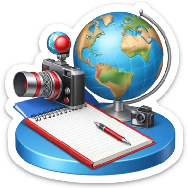 An icon showing a microphone, a notepad, and a camera, symbolizing journalism. The design includes a globe in the background, representing global news, and a breaking news banner for emphasis. Transparent background highlights the dynamic world of media and reporting. sticker