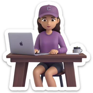young woman with olive skin and long, dark brown hair, wearing a long-sleeved dark mauve shirt. She is wearing a black baseball cap.. She's sitting at a sleek wooden desk with a hardcover book, and to her right is a white coffee mug, while she looks and types on a silver MacBook.  sticker