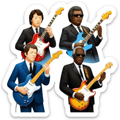 Icon for Blues Music: close-up collage of legendary blues artists. Gary Moore, Eric Clapton, B.B. King and Joe Cocker. Represented by silhouettes or symbolic items like guitars, microphones, or music notes, reflecting the soulful energy of blues music. Transparent background. sticker