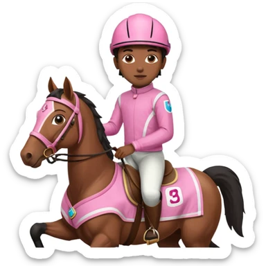black boy riding horse wearing racing cloth pink sticker