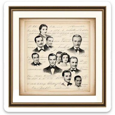 Icon for Autograph Collecting: several vintage framed with signatures of famous celebrities sheets stacked one on top of the other, each . The icon should evoke the charm and history of collecting autographs. Transparent background. sticker