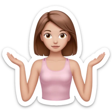 brown hair girl wearing light pink pilates clothes, silk beautiful medium hair and brown eyes, hands down sticker
