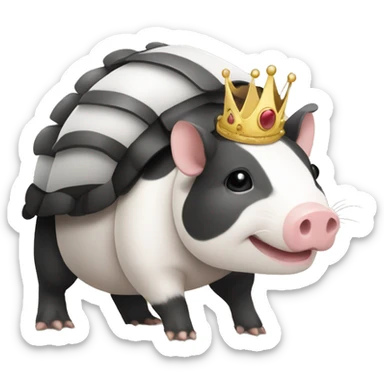 Black and white piebald chubby round armadillo pig panda centipede armadillo wearing a crown sticker