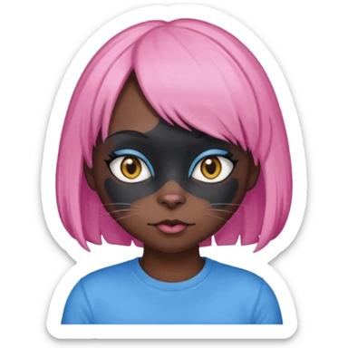 Black cat wearing a pink hair wig, blue T-shirt sticker