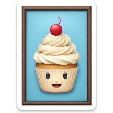 A 3D cartoon cupcake advertisement poster hanging on a wall, visible border, flat lighting, Memoji-style. sticker