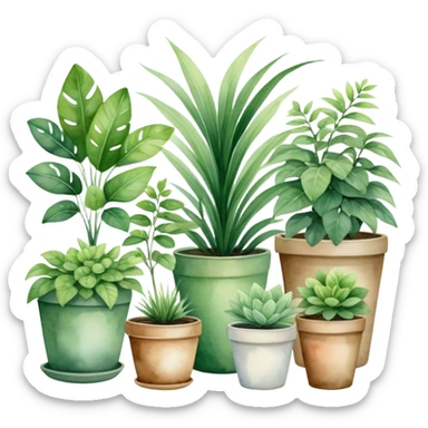 A cozy indoor garden scene with an assortment of potted plants, painted in a delicate and natural watercolor style. sticker