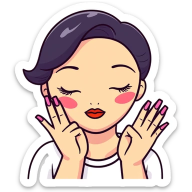 A cute face with closed eyes that form upward curved lines, eyelashes, pursed lips with lipstick, and a hand gesture with only the thumb out while other fingers are closed, all nails painted sticker