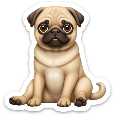 detailed-[pug]-realistic-full-body-sitting-emoji,-tail-resting-loosely-beside-its-paws,-head-tilted-dramatically, -sleek-fur,-simplified-yet-realistic-focused-features,-highly-detailed,-glowing-with-an-almost-sarcastic-glow sticker