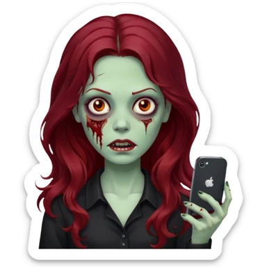 Faça me um emoji de um zumbi mulher de cabelos vermelho escuro longos ondulado usando uma blusa preta, faça no estilo iphone sticker