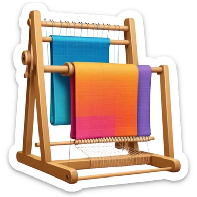 Create an icon that represents the hobby of weaving. The design should include a loom, threads, and a partially woven fabric, along with a piece of colorful fabric and sewing patterns. Include a representation of finished clothing, like a simple shirt or dress, made from the woven fabric. The composition should feel balanced and harmonious, reflecting the creative and intricate process of weaving and sewing. The background should be transparent. sticker